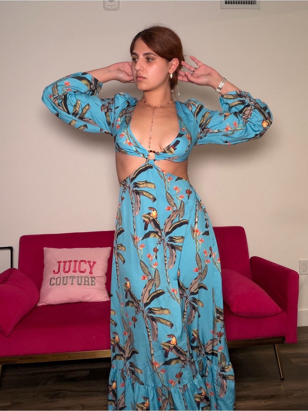 Blue Tropical Cutout Maxi Dress with Long Sleeves